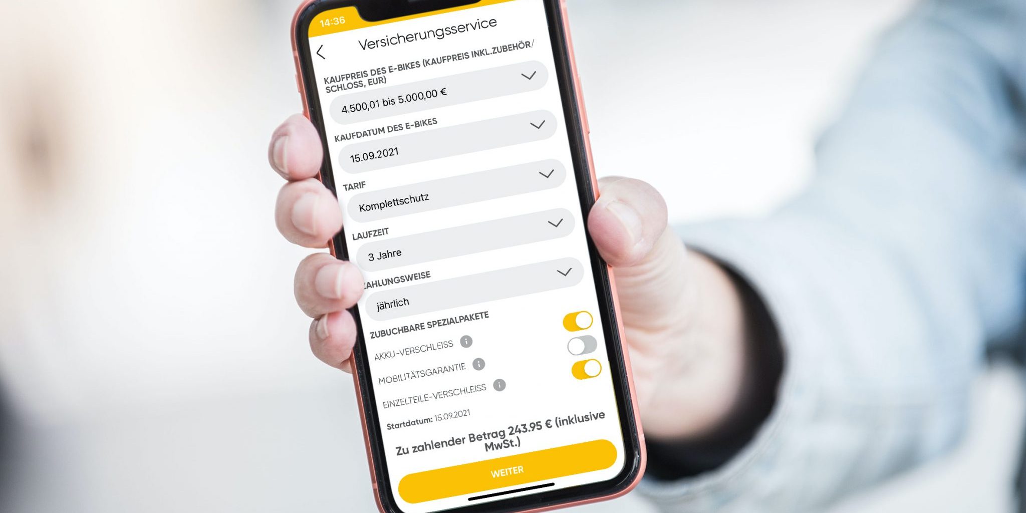 Versicherungsservice der IT'S MY BIKE App auf Smartphone