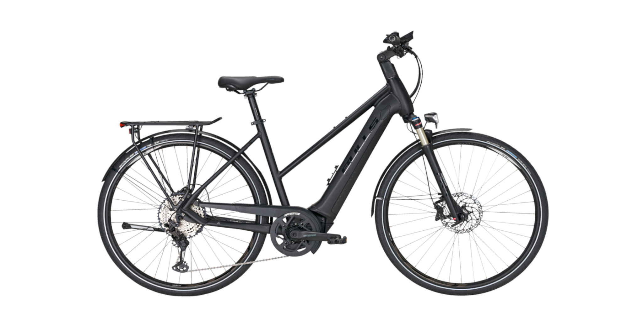 schwarzes E-Bike vor weißem Hintergrund